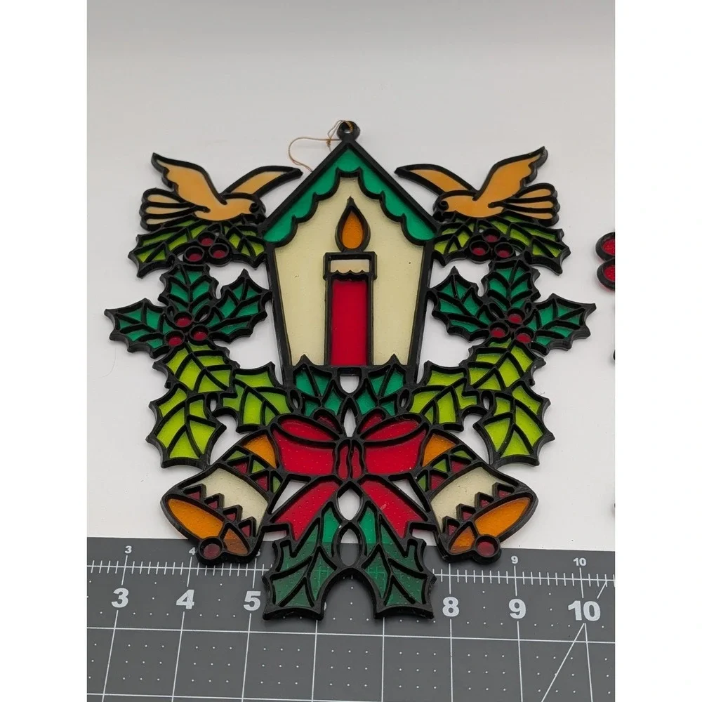 Plastic‎ Christmas Stained Window Hanging 11 Inch Candle Doves Bells Holly